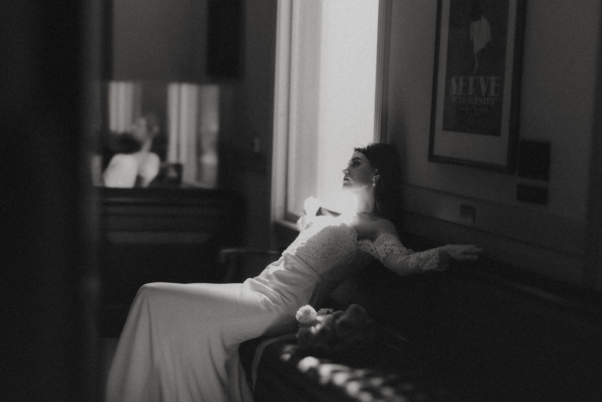 black and white image of a bride in the international tennis hall of fame